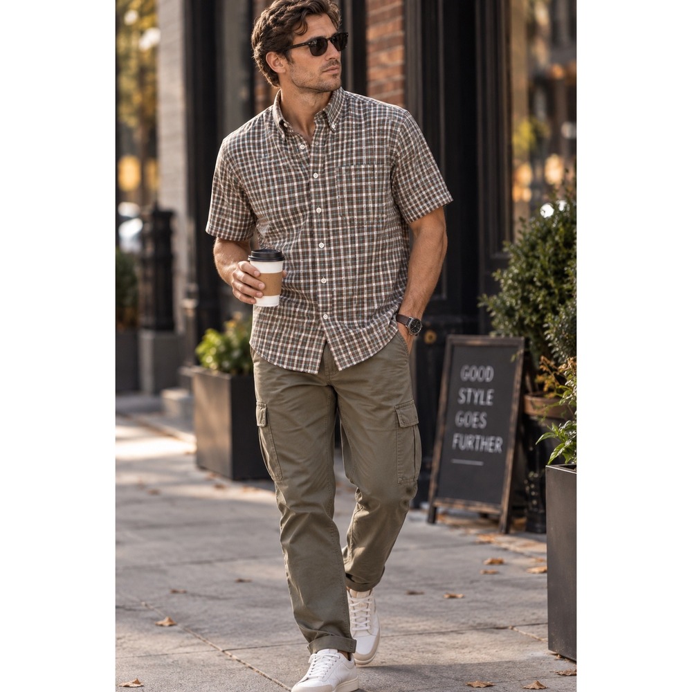Wrangler Riata Mens Medium Brown Plaid Short Sleeve Button Down Shirt